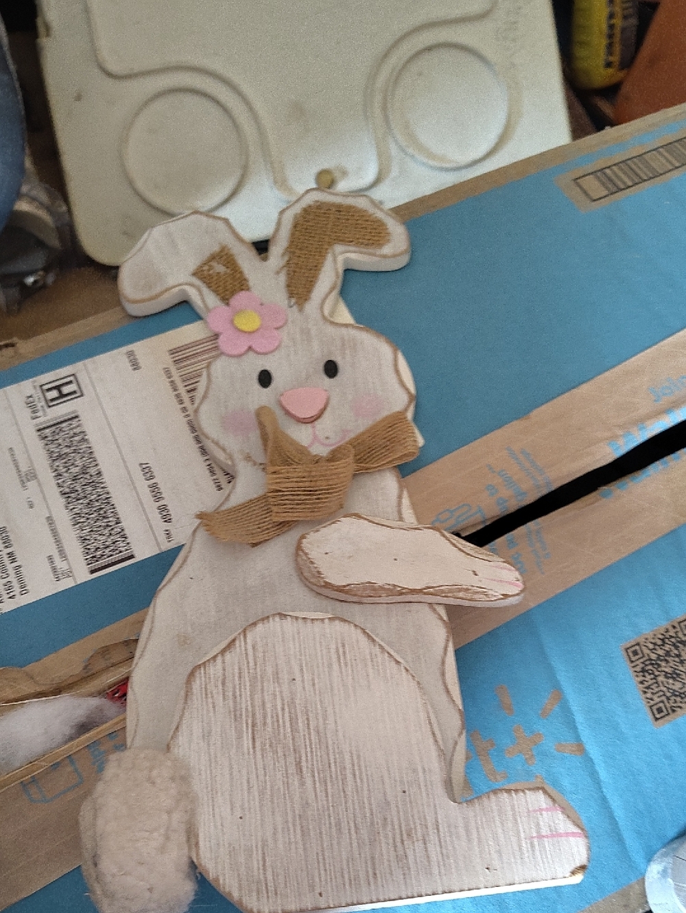 Wooden Bunny Wall Decor - White & Tan with Pink Accent